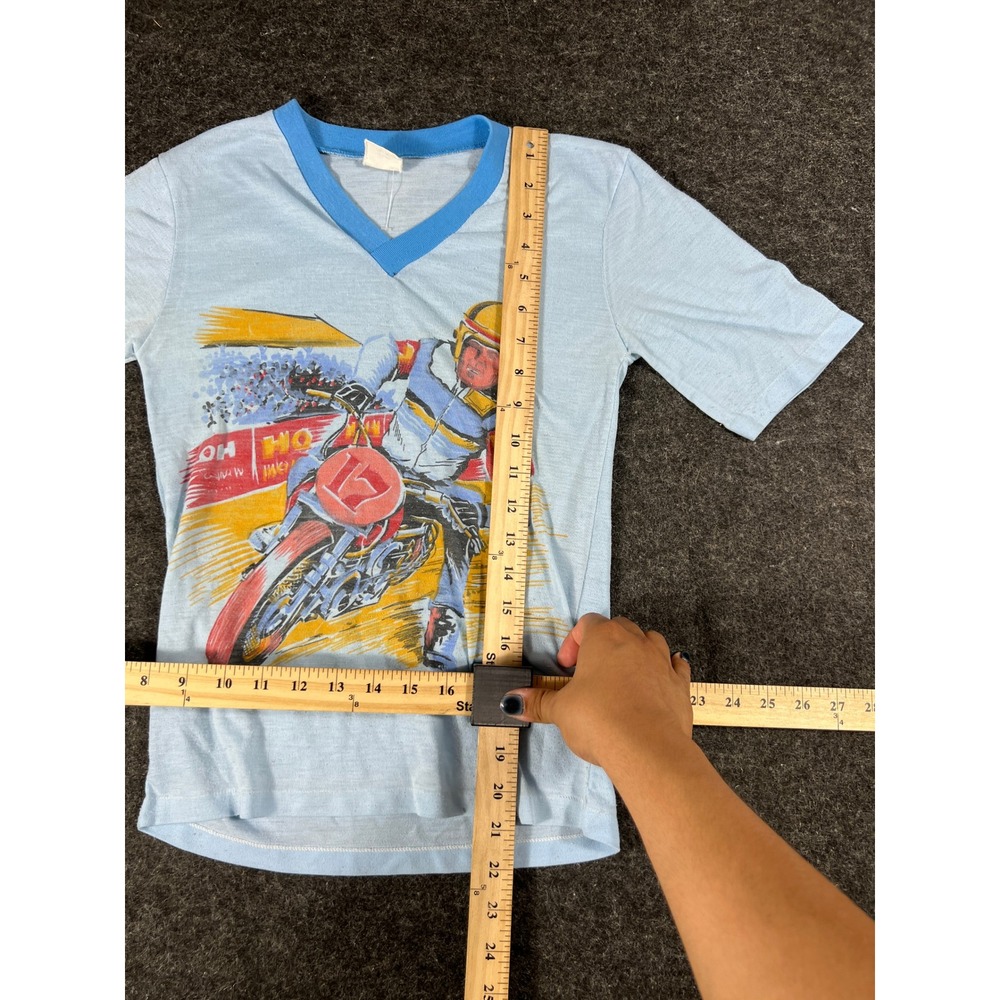 Vintage 60s Shirt Kids Large Blue Motorcycle Racing Biker Graphic Tee Streetwear - Picture 3 of 7